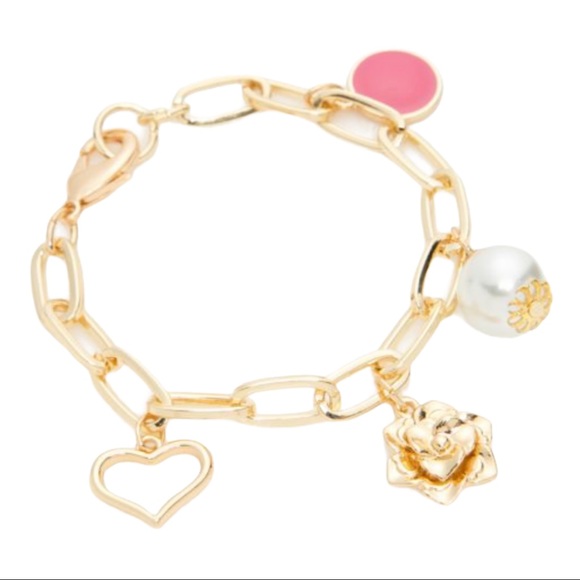 🎀 Gold-Tone Pearl Bow Heart Pink CharmBracelet - Picture 2 of 2